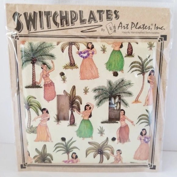 Hawaiian Hula Girls Palm Trees Double Switch Plate Cover Sealed Tropical Decor - Picture 1 of 4